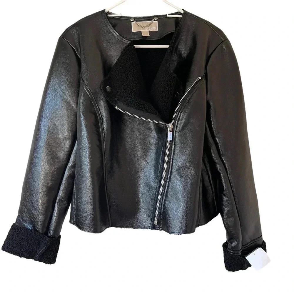 NEW Michael Kors Black Faux Leather Shearling Zip Up Jacket Size XL